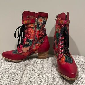 Handmade red floral boots